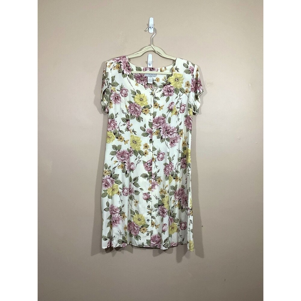 VTG Womens Floral Knee Length Button Front Dress L Ivory Cottagecore 90s Party